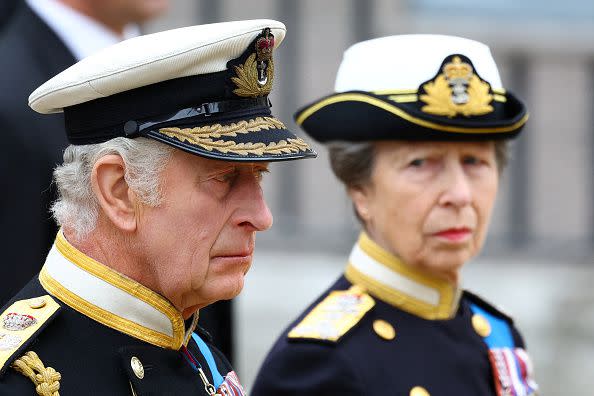 LONDON, ENGLAND - SEPTEMBER 19: King Charles III and Princess Anne, Princess Royal arrive for the state funeral and burial of Queen Elizabeth II at Westminster Abbey on September 19, 2022 in London, England. Members of the public are able to pay respects to Her Majesty Queen Elizabeth II for 23 hours a day from 17:00 on September 18, 2022 until 06:30 on September 19, 2022. Queen Elizabeth II died at Balmoral Castle in Scotland on September 8, 2022, and is succeeded by her eldest son, King Charles III. (Photo by Hannah McKay- WPA Pool/Getty Images)
