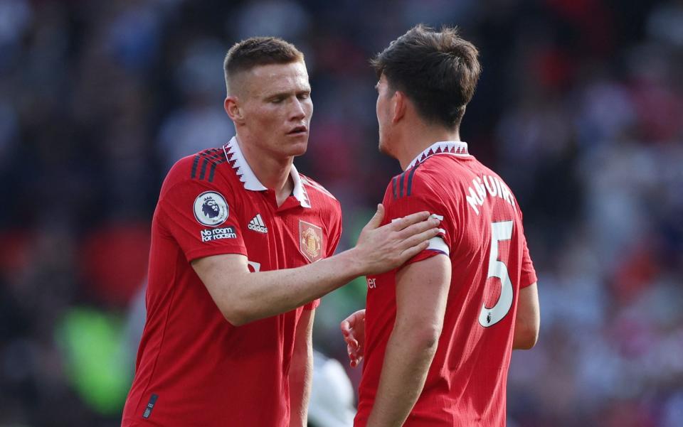 May 28, 2023 Manchester United&#39;s Scott McTominay celebrates with Harry Maguire after the match 