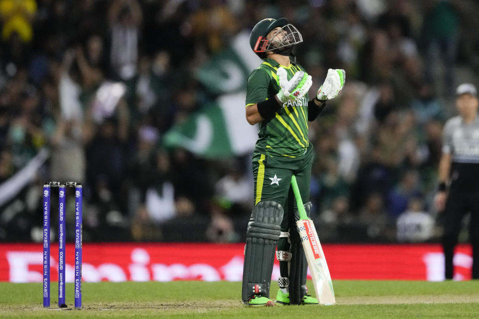 Pakistan's Mohammad Rizwan reacts after scoring 50 runs during the T20 World Cup cricket semifinal between New Zealand and Pakistan in Sydney, Australia, Wednesday, Nov. 9, 2022. (AP Photo/Rick Rycroft)