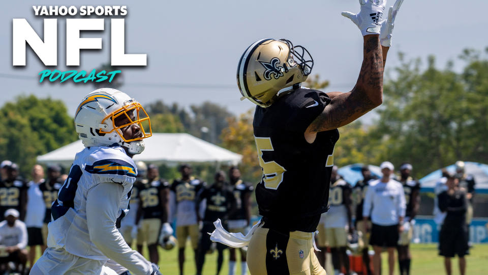 The Los Angeles Chargers and New Orleans Saints compete in a joint practice during NFL training camps in 2019. This week, players and the league are ironing out the final health and safety protocols in order to start 2020 training camps as scheduled. (Photo by Mark Rightmire/MediaNews Group/Orange County Register via Getty Images)