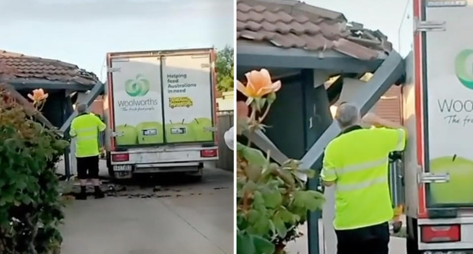 Two photos of the Woolworths delivery truck crashed into the customers home.