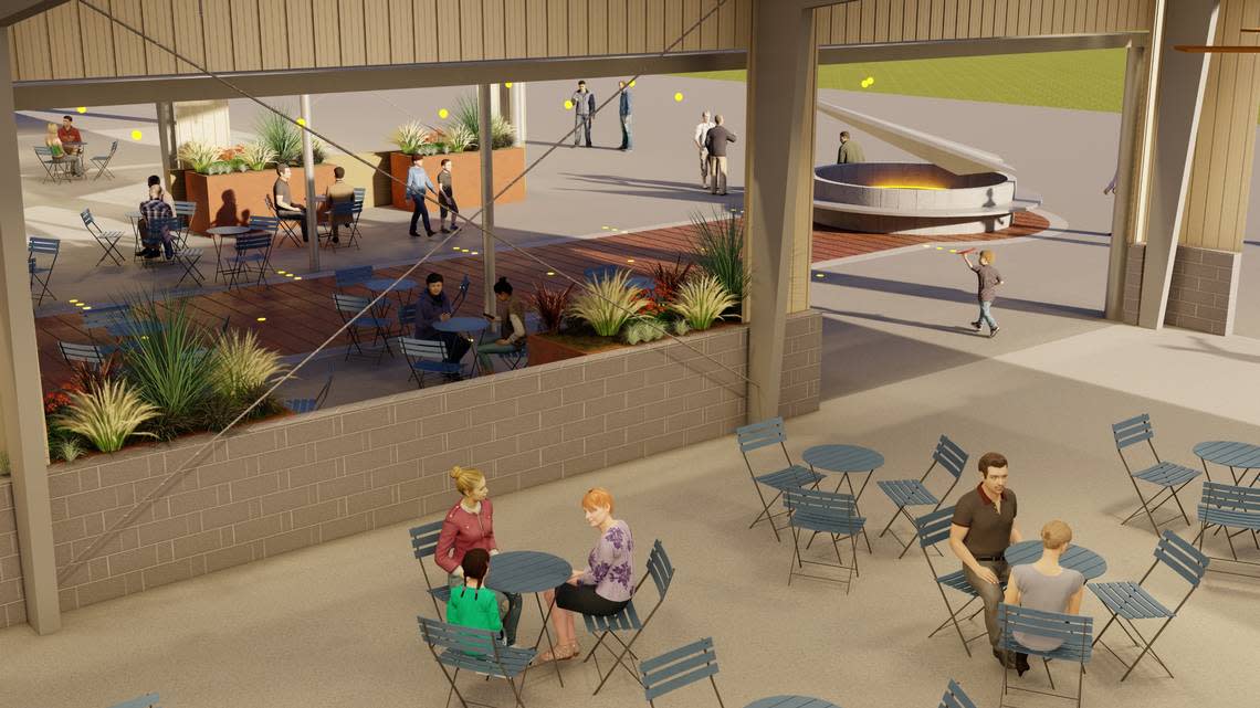 The Port of Kennewick awarded a contract to Goodman & Mehlenbacher Enterprises (Game) Inc. to convert a pair of old airplane hangars into a public courtyard with bathrooms at the southern entrance to Vista Field, its 103-acre mixed-use redevelopment project at Crosswind Boulevard and West Deschutes Avenue. Image courtesy Port of Kennewick