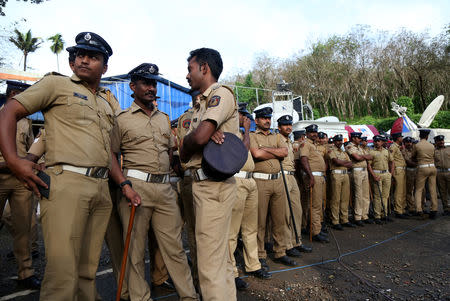 Police is seen deployed at the Nilakkal Base Camp to prevent clashes between women of menstrual age entering the Sabarimala temple for the first time in centuries and conservative Hindu groups out to stop them, in Pathanamthitta, in the southern state of Kerala, India, October 17, 2018. REUTERS/Sivaram V