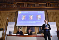 Goran K Hansson, Secretary General of the Royal Swedish Academy of Sciences, center, and academy members Peter Fredriksson, left, and Jakob Svensson announce the winners of the 2019 Nobel Prize in Economics during a news conference at the Royal Swedish Academy of Sciences in Stockholm, Sweden, Monday Oct. 14, 2019. The Nobel prize in economics has been awarded to Abhijit Banerjee, Esther Duflo and Michael Kremer "for their experimental approach to alleviating global poverty." (Karin Wesslen/TT via AP)