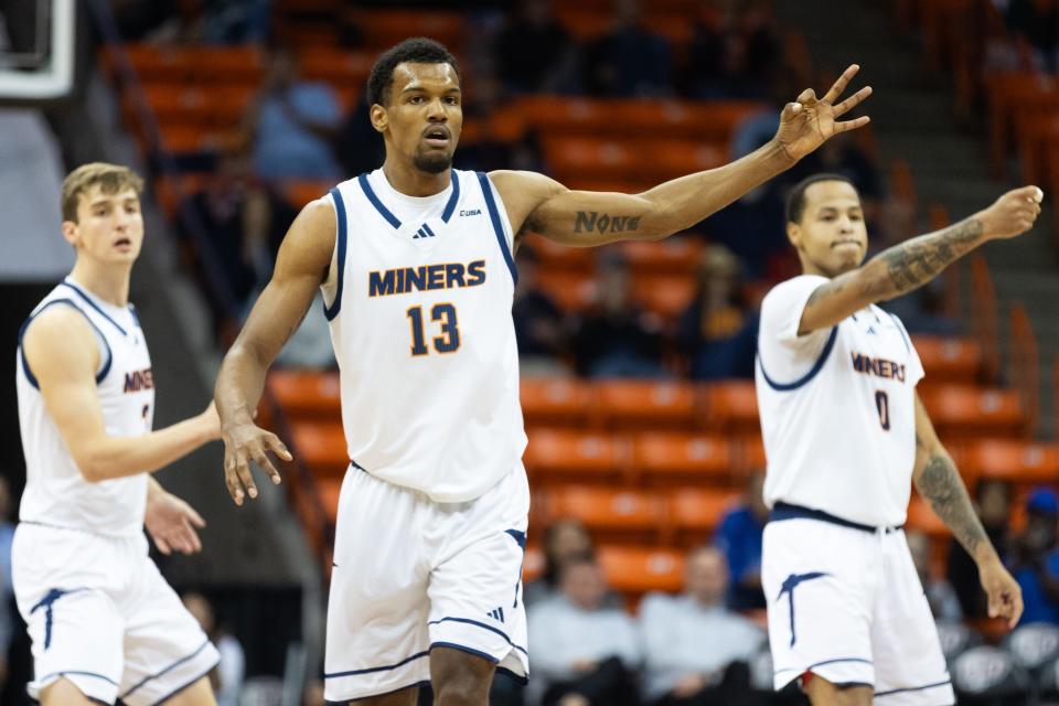UTEP men's basketball celebrate a three-pointer during their basketball game against Norfolk State in the Sun Bowl Invitational on Wednesday, Dec. 20, 2023, at the Don Haskins Center in El Paso, Texas