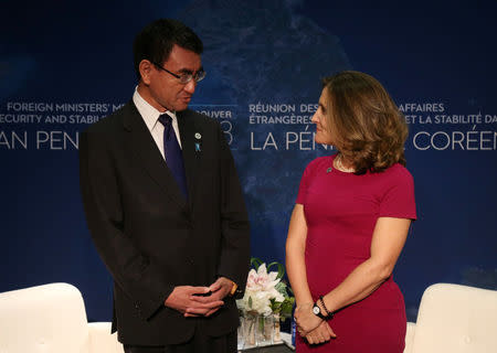 Canada’s Minister of Foreign Affairs Chrystia Freeland holds a bilateral meeting with the Japan's Minister of Foreign Affairs Taro Kono in Vancouver, British Columbia, Canada, January 15, 2018. REUTERS/Ben Nelms