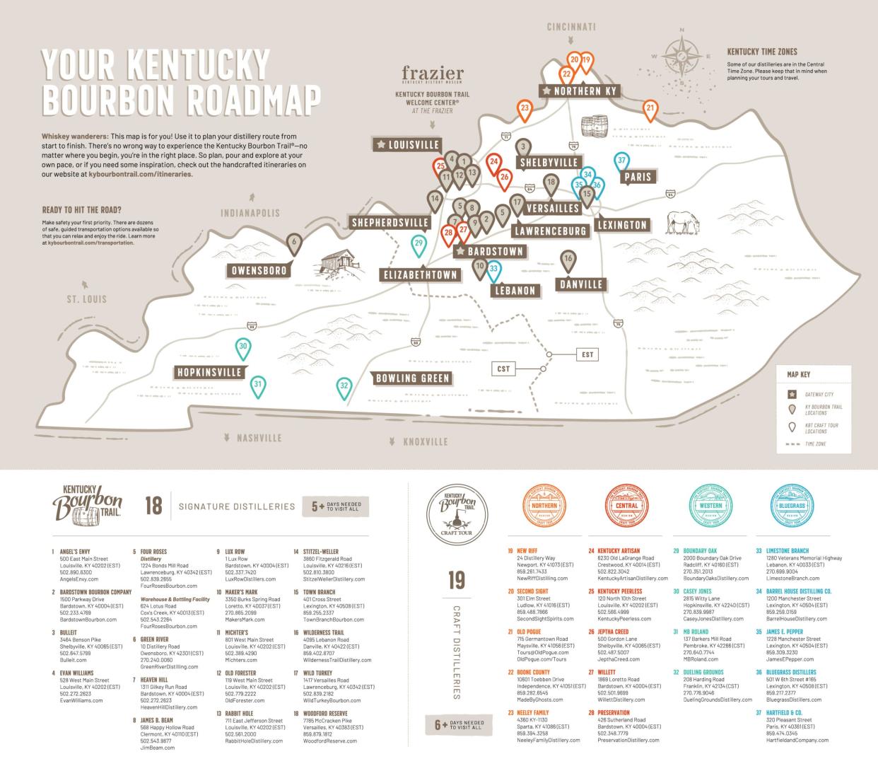 A map of the Kentucky Bourbon Trail and the Kentucky Bourbon Trail Craft Tour.