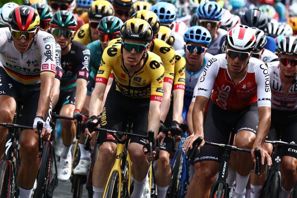 JumboVismas Belgian rider Nathan Van Hooydonck C rides in the pack during the third stage of the 75th edition of the Criterium du Dauphine cycling race 1945 kms between MonistrolSurLoire and Le Coteau centraleastern France on June 6 2023 Photo by AnneChristine POUJOULAT  AFP Photo by ANNECHRISTINE POUJOULATAFP via Getty Images