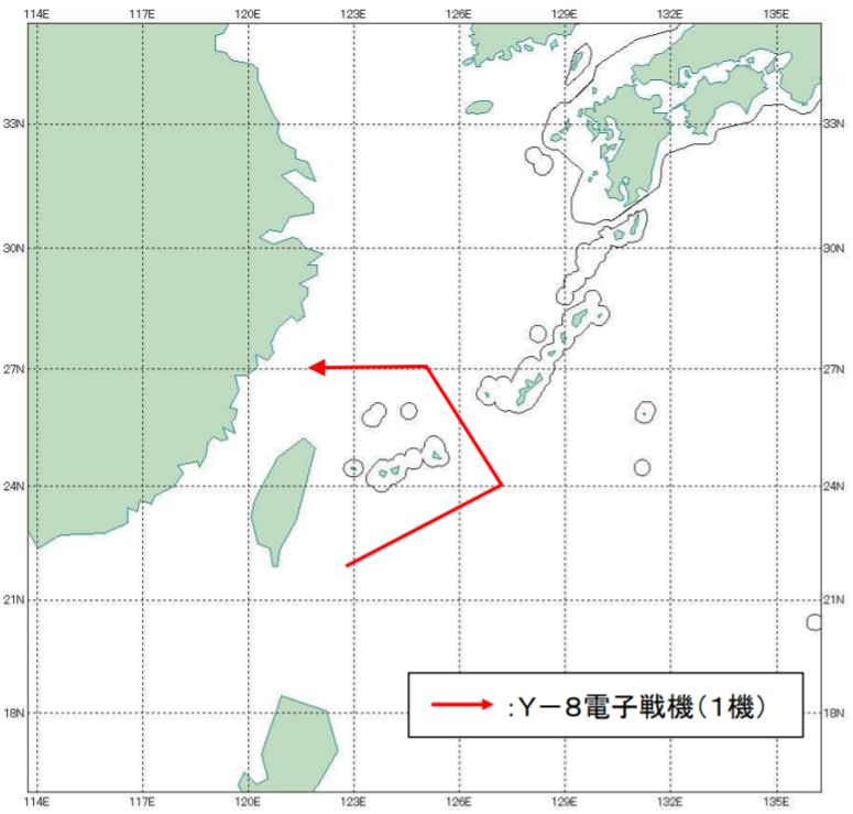 圖為中國運8電子偵察機飛行航線。(取自日本防衛省統合幕僚監部網站)