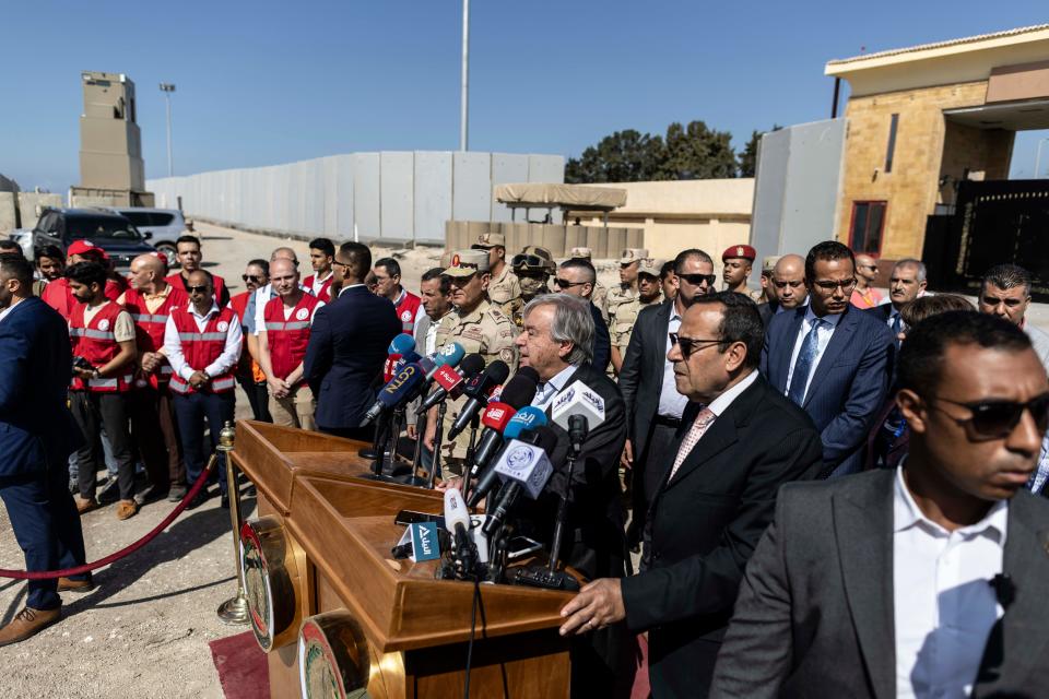 Antonio Guterres Secretary-General of the United Nations speaks during a press conference in front of the Rafah border crossing on Oct. 20, 2023 in North Sinai, Egypt. The aid convoy, organized by a group of Egyptian NGOs, set off Saturday, Oct. 14, from Cairo for the Gaza-Egypt border crossing at Rafah.