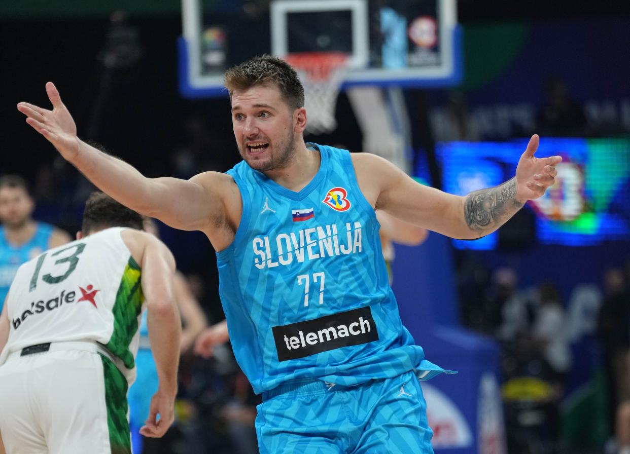 Slovenia's Luka Doncic reacts during the Classification Games 5-8 between Lithuania and Slovenia at the 2023 FIBA World Cup in Manila, the Philippines, Sept. 7, 2023. (Photo by Meng Yongmin/Xinhua via Getty Images)
