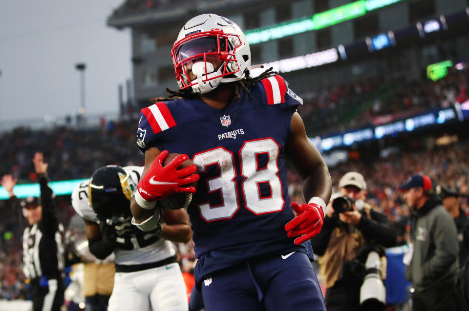 Rhamondre Stevenson #38 of the New England Patriots has fantasy upside