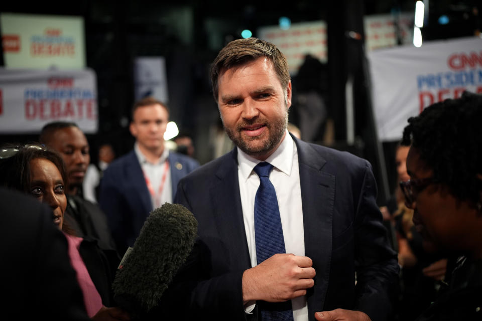 ATLANTA, GA - JUNE 27: U.S. Senator J.D. Vance (R-Ohio) speaks to reporters in the Spin Room following the CNN presidential debate between U.S. President Joe Biden and former Republican presidential candidate Donald Trump at McCamish Pavilion on the Georgia Tech campus on June 27, 2024 in Atlanta, Georgia. President Biden and former President Trump will face off in the first debate of the 2024 presidential election. (Photo by Andrew Harnick/Getty Images)