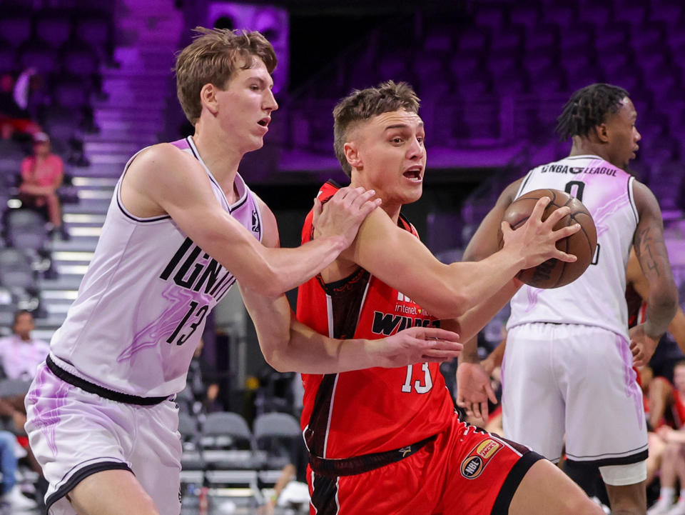Matas Buzelis of the G League Ignite defends Hyrum Harris of the Perth Wildcats in the second half of their game on Sept. 6, 2023 in Las Vegas. (Ethan Miller/Getty Images)