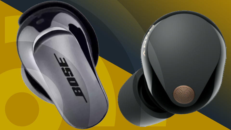 Bose QuietComfort Ultra Earbuds and Sony Wf-1000XM5 on black and yellow background