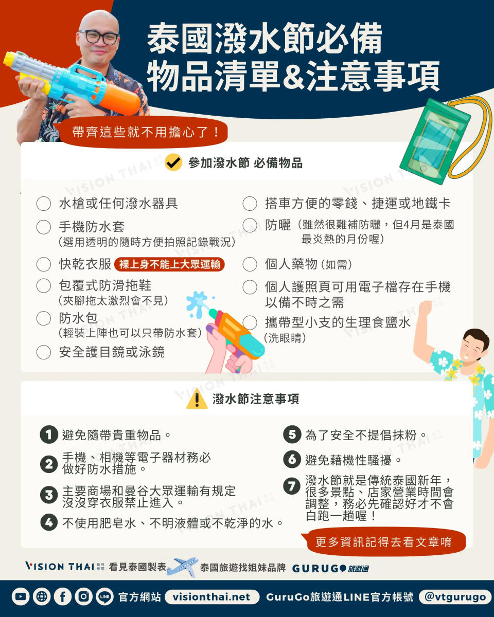 參加潑水節要準備哪些裝備呢？小編幫你列好清單！（來源：看見泰國 Vision Thai）