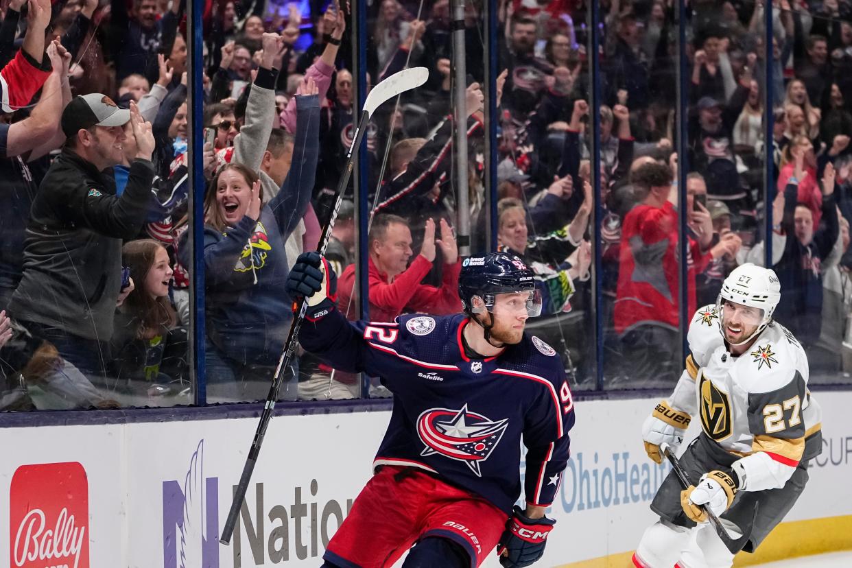 Mar 4, 2024; Columbus, Ohio, USA; Columbus Blue Jackets left wing Alexander Nylander (92) celebrates an empty-net hat trick goal during the third period of the NHL hockey game against the Vegas Golden Knights at Nationwide Arena. The Blue Jackets won 6-3.