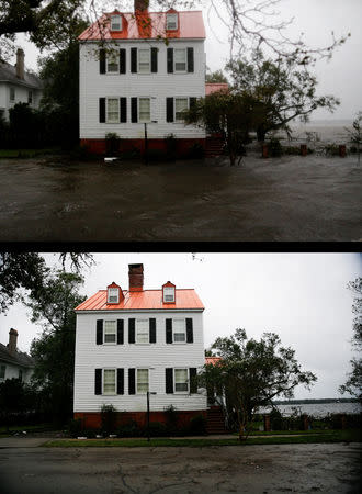 A combination picture shows the floodwater level before (top, September 14) and after Hurricane Florence in New Bern, North Carolina, U.S., September 16, 2018. REUTERS/Eduardo Munoz