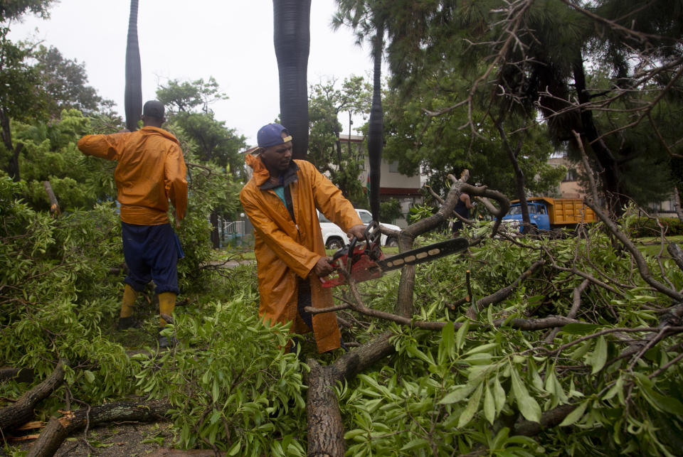 Crews clear fallen trees bought down by the winds of Hurricane Ian, in Havana, Cuba, Tuesday, September 27, 2022. Ian made landfall at 4:30 a.m. EDT Tuesday in Cuba's Pinar del Rio province, where officials set up shelters, evacuated people, rushed in emergency personnel and took steps to protect crops in the nation's main tobacco-growing region. (AP Photo/Ismael Francisco)