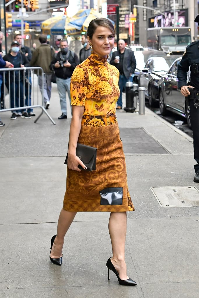 Keri Russell steps out wearing a colorful ensemble courtesy of London-based brand Kwaidan Editions. - Credit: Courtesy of Splash News