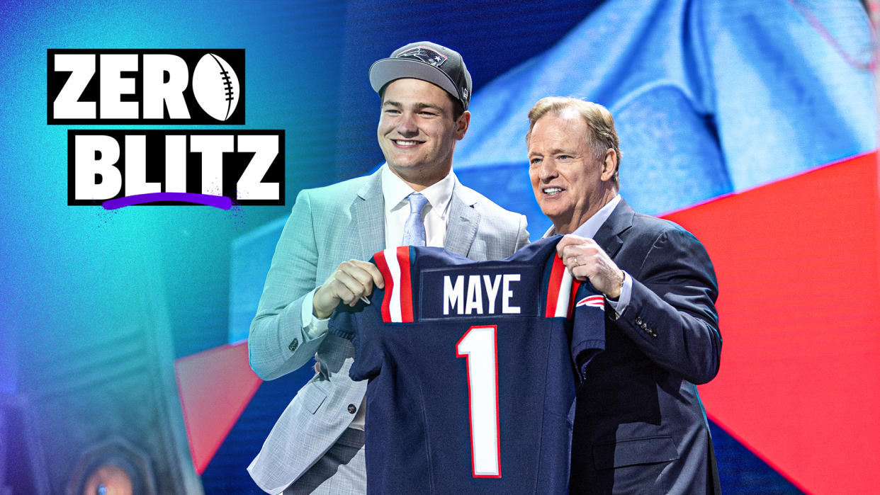 DETROIT, MI - APRIL 25: NFL Commissioner Roger Goodell poses with North Carolina Quarterback Drake Maye moments after the New England Patriots take Maye third overall during day 1 of the NFL Draft on April 25, 2024 at Fox Theatre in Detroit, MI. (Photo by John Smolek/Icon Sportswire via Getty Images)