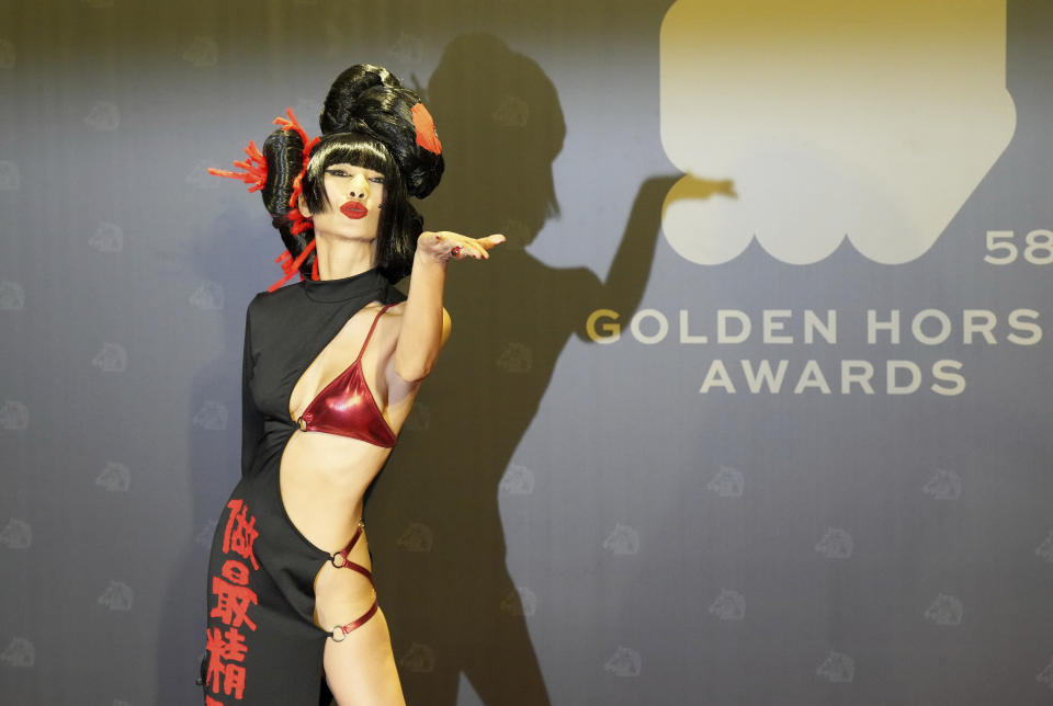 Chinese American actress Bai Ling arrives at the 58th Golden Horse Awards in Taipei, Taiwan, Saturday, Nov. 27, 2021. Bai is a guest at this year's Golden Horse Awards, one of the Chinese-language film industry's biggest annual events. (AP Photo/ Billy Dai)