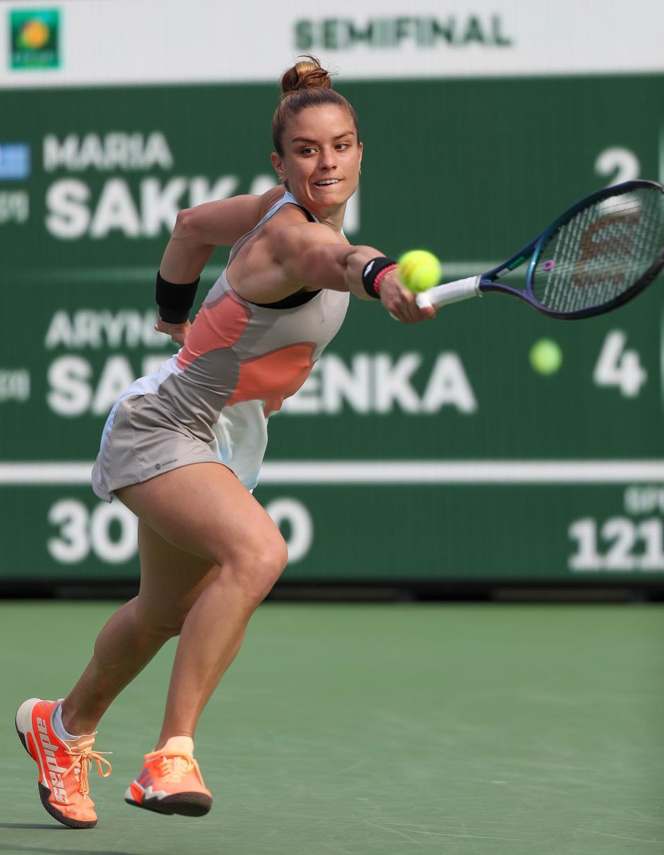 Maria Sakkari reaches for a shot in her semifinal match against Aryna Sabalenka during the BNP Paribas Open at the Indian Wells Tennis Garden in Indian Wells, Calif., March 17, 2023.