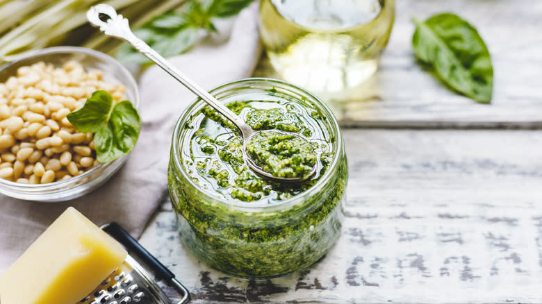 Basil pesto in glass bowl