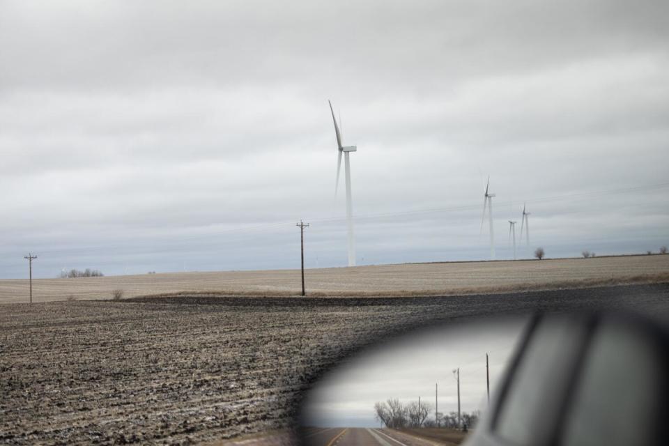 The view out a car window of a field in Iowa