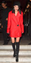 <p>Hadid looked ever the Parisian while out and about before Paris Fashion Week and dressed in a fire engine red coat (try a similar look via <a rel="nofollow noopener" href="http://click.linksynergy.com/fs-bin/click?id=93xLBvPhAeE&subid=0&offerid=390098.1&type=10&tmpid=8157&RD_PARM1=http%253A%252F%252Fshop.nordstrom.com%252Fs%252Fvia-spiga-faux-leather-detail-asymmetrical-wool-blend-coat-regular-petite%252F4551452%253Forigin%253Dcategory-personalizedsort%2526fashioncolor%253DRED&u1=ISNewsBellaHStreetStyle2.28JA" target="_blank" data-ylk="slk:Nordstrom;elm:context_link;itc:0;sec:content-canvas" class="link ">Nordstrom</a>) with over-the-knee boots, The2Bandits lariat necklace ($58; <a rel="nofollow noopener" href="http://the2bandits.com/collections/necklaces-1/products/cosmic-highway-necklace" target="_blank" data-ylk="slk:the2bandits.com;elm:context_link;itc:0;sec:content-canvas" class="link ">the2bandits.com</a>) and a black hat.</p>