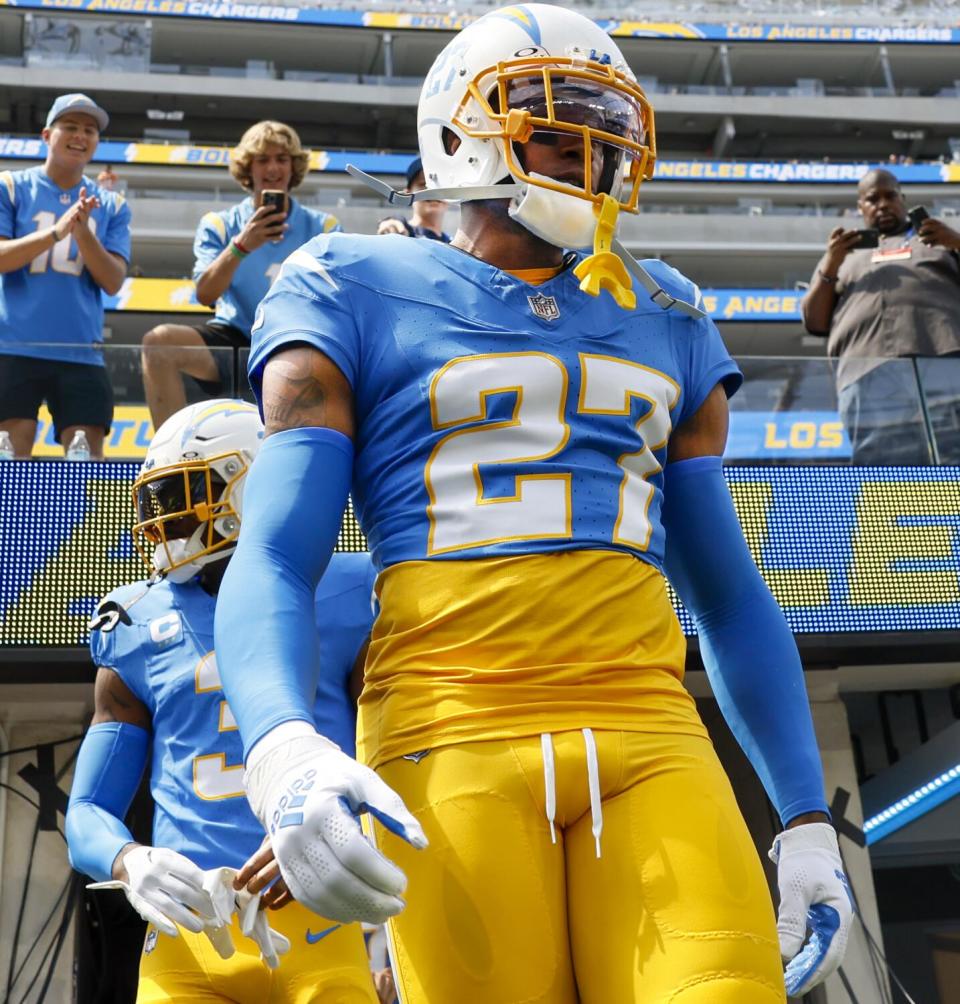 Chargers cornerback J.C. Jackson (27) enters the field before the season opener against the Miami Dolphins.