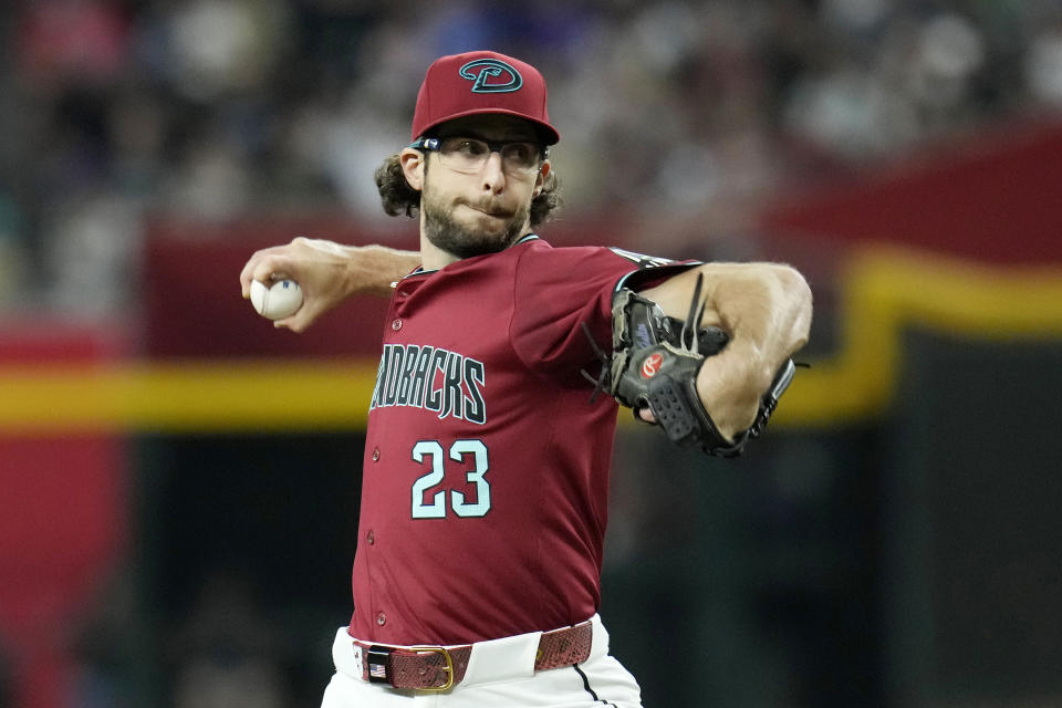 Arizona Diamondbacks starting pitcher Zac Gallen throws against the Oakland Athletics during the first inning of a baseball game Saturday, June 29, 2024, in Phoenix. (AP Photo/Ross D. Franklin)