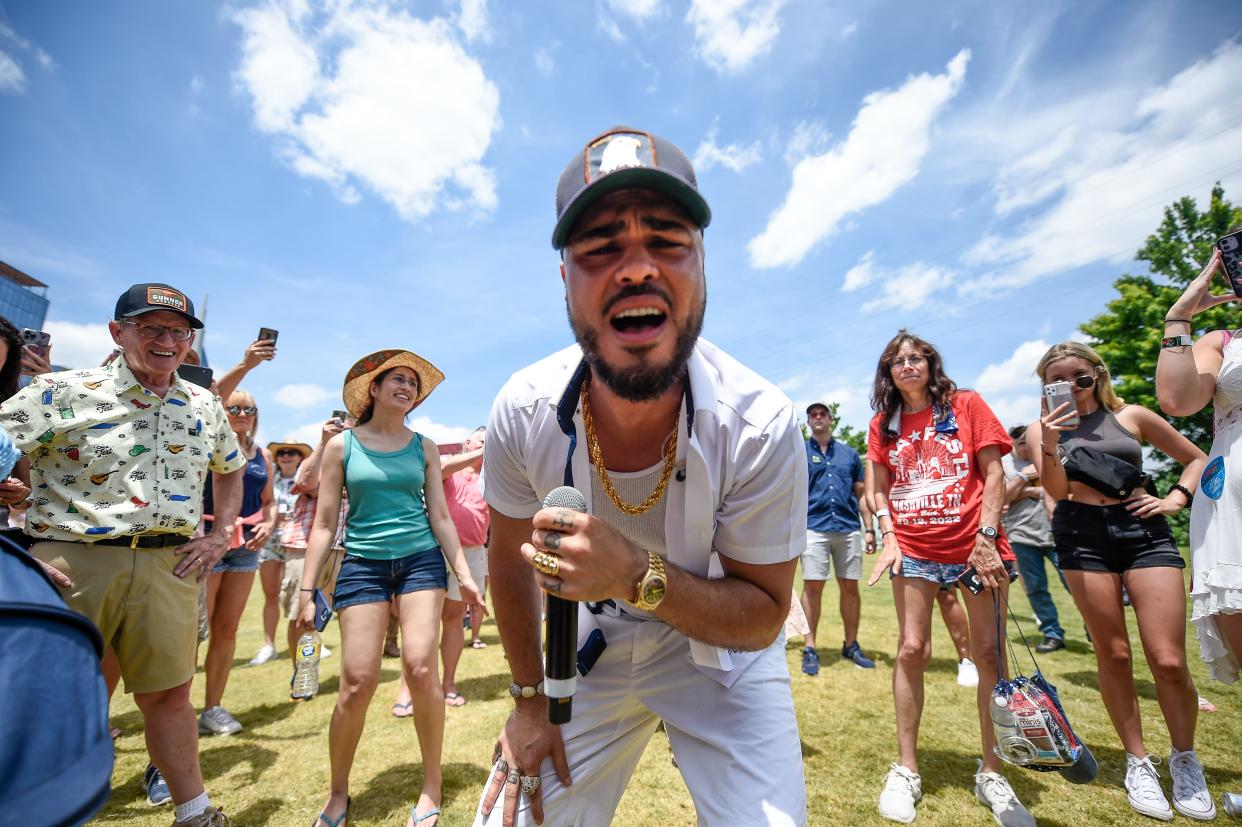 Shy Carter performs at the Amp Stage during the CMA Fest in Nashville, Tenn., Sunday, June 12, 2022.