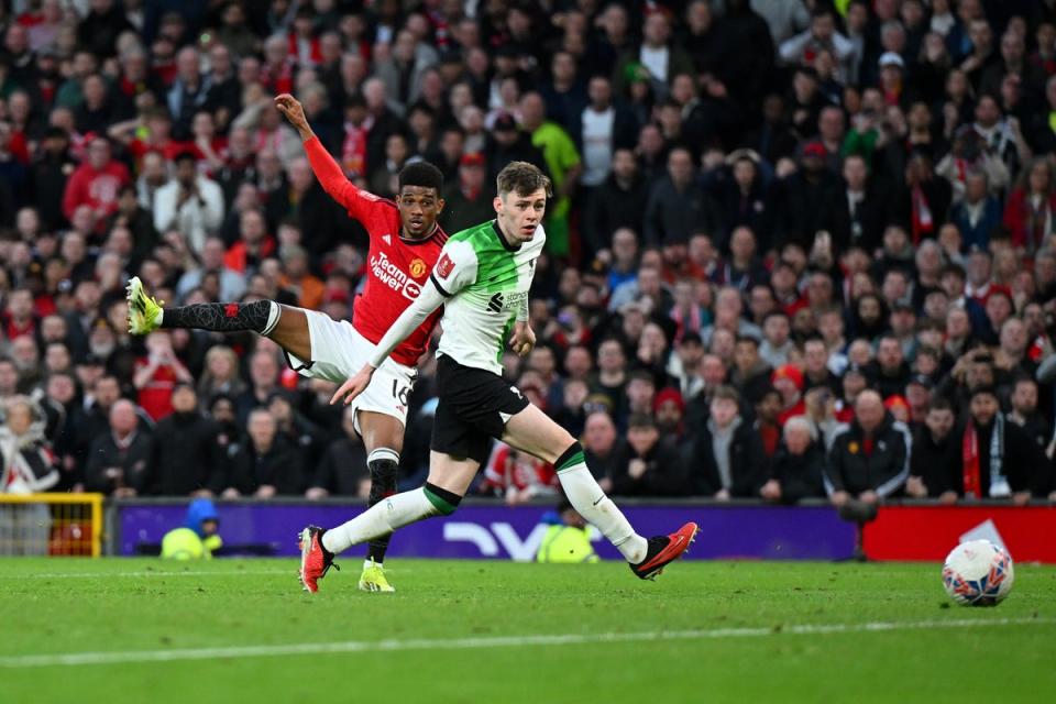 Amad Diallo fires home Manchester United’s late, late winner (Getty)