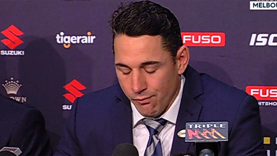 Billy Slater gets emotional during his retirement press conference. Pic: Fox Sports