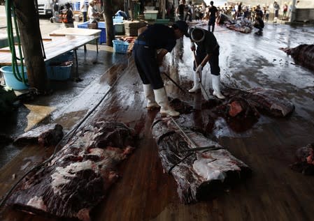 Workers carve into a Baird's Beaked whale at Wada port in Minamiboso