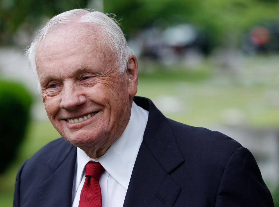 In this June 1, 2012, Neil Armstrong, the first man to walk on the moon, attends a graveside service for Wilbur Wright on the 100th anniversary of the burial of the powered flight pioneer in Dayton, Ohio. Armstrong passed away a few months later.