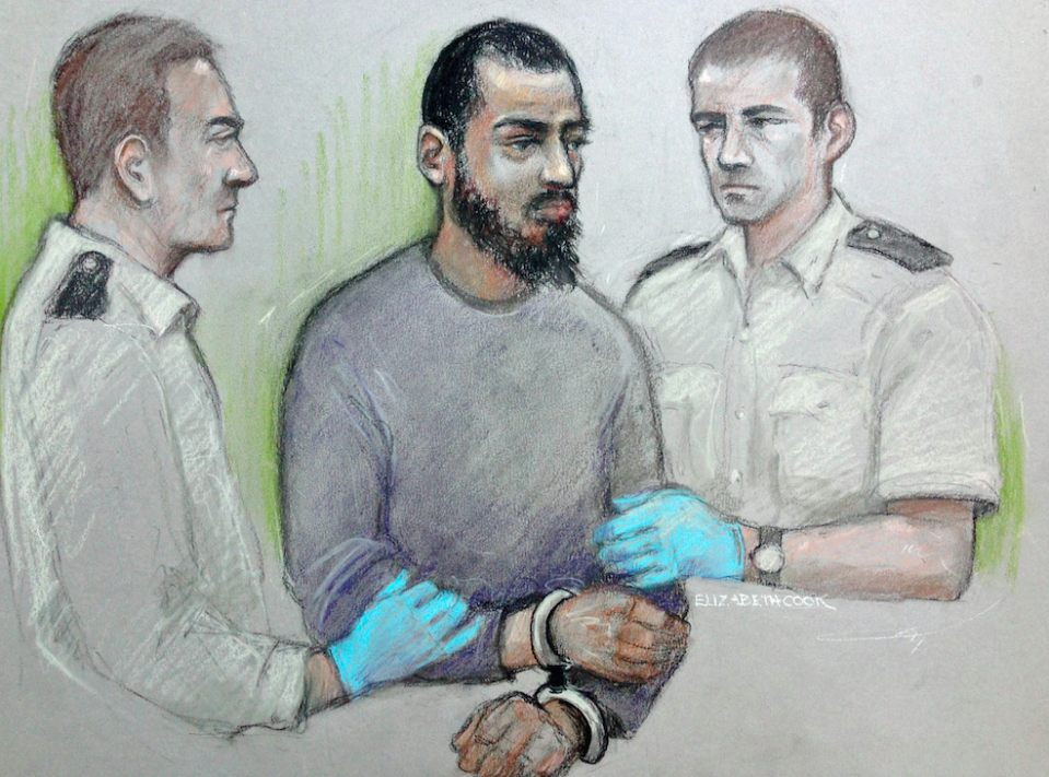 A sketch of Ali handcuffed in the dock at Westminster Magistrates’ Court in London after his arrest last year (Picture: PA)