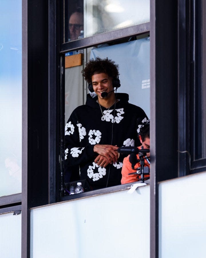 UC basketball forward Dan Skillings Jr. speaks from the ESPN+ booth during the Bearcats baseball game with TCU. Skillings indicated next season would be his last at UC.