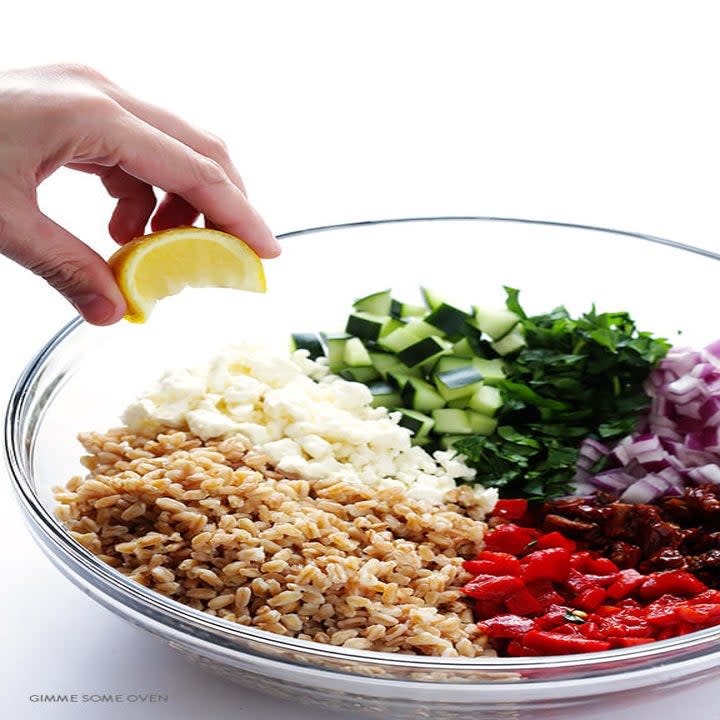 This nutty and crunchy farro and veggie side dish will change all your preconceptions about the word salad. It's full of Greek veggies, sun dried tomato, parsley, and creamy feta, then topped with a tangy homemade red wine vinaigrette.Recipe: Mediterranean Farro Salad