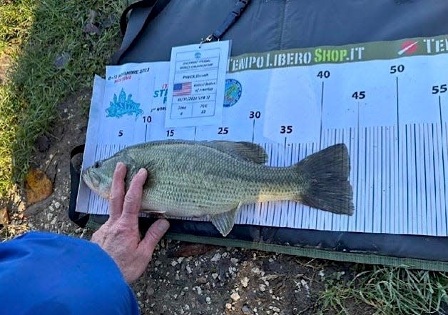 A largemouth bass caught by the U.S. team is measured at the 2023 Street Fishing World Championship in Mantova, Italy.