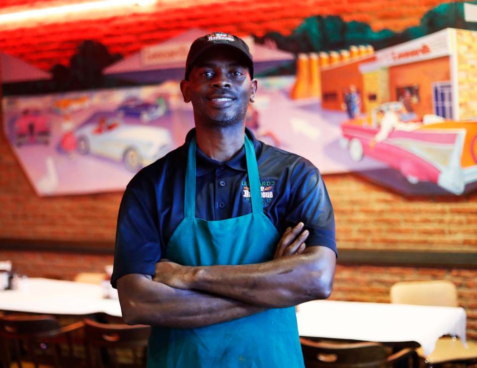 Lyndell Whitmore, who has worked for Leonard’s for 37 years, can be seen in the dining area inside of 101-year-old Leonard’s BBQ before they move later this month on August 16, 2023 at 5465. Fox Plaza Drive in Memphis, Tenn.