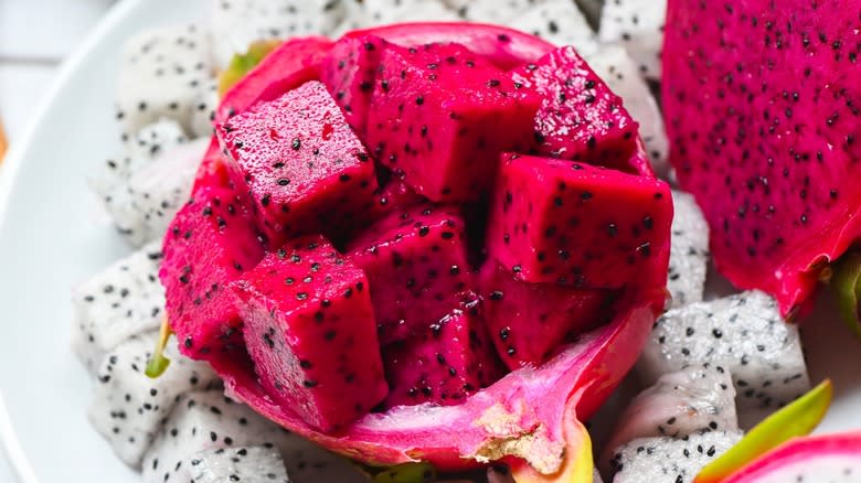 Red dragon fruit cut into cubes