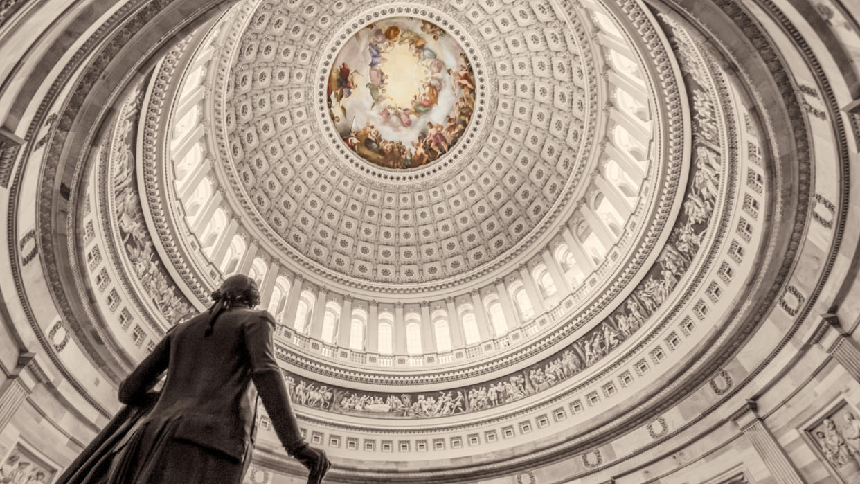 United States Capitol Building Rotunda w/ George Washington Sepia Black & White - Low angle to Dome - Washington DC.