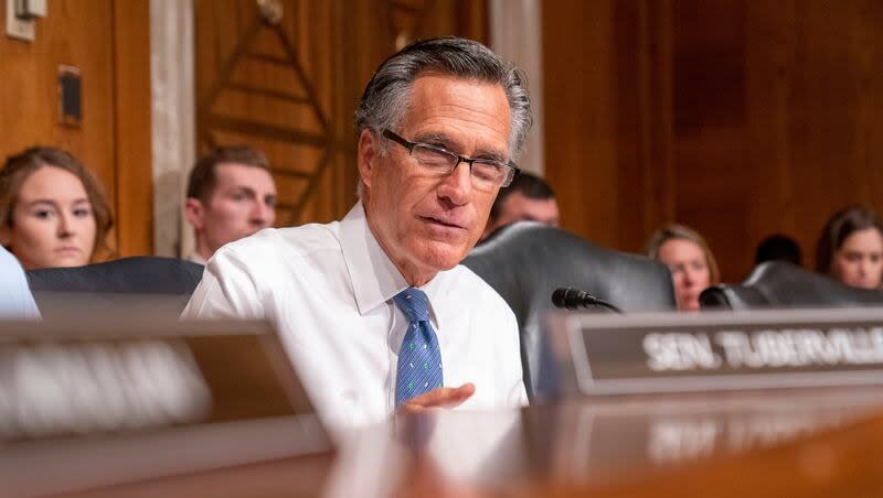Sen. Mitt Romney, R-Utah, pictured in this 2023 file photo, speaks during a Senate Health, Education, Labor and Pensions confirmation hearing for Julie Su to be the labor secretary, on Capitol Hill, in Washington.