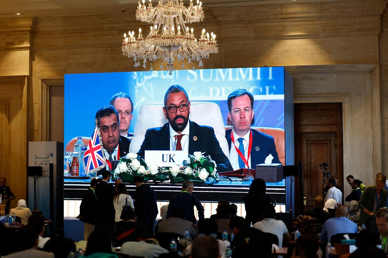 British Secretary of State for Foreign Affairs James Cleverly addressing the International Peace Summit hosted by the Egyptian president in Cairo on Saturday (AFP via Getty Images)