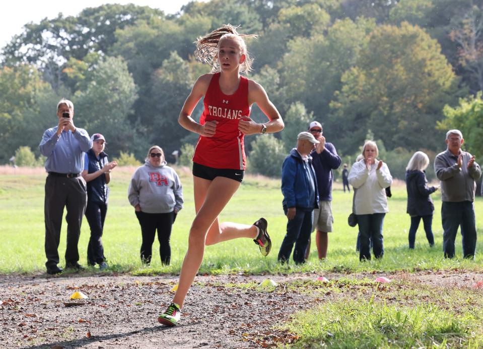 In this file photo, Bridgewater-Raynham's Camden Strandberg wins the girls cross country meet versus Brockton at the Natural Trust in Easton on Wednesday, Sept. 27, 2023.