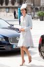 <p>The Duchess arrived at the Queen's 90th birthday celebration in a light blue custom Catherine Walker lace dress with a white hat.</p>