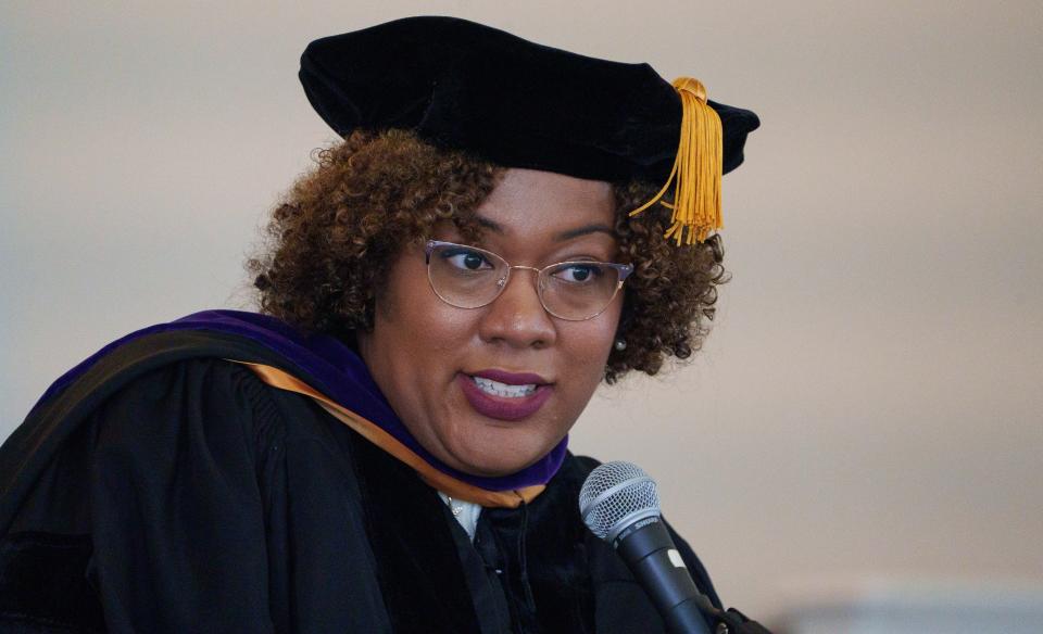 Women's College Partnership graduation ceremony speaker Tiffanie Agee, lawyer and interim dean at Miles Law School, address those in attendance Monday, Aug. 7, 2023, inside the chapel at the Indiana Women's Prison.