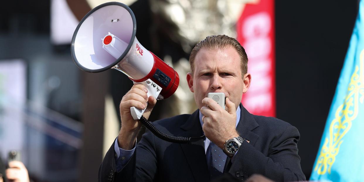 NEW YORK, NY - FEBRUARY 26: Hundreds of anti-war protesters are gathered at the Times Square in New York City, United States on February 26, 2022 to protest against Russian attacks on Ukraine. Politician Andrew Harold Giuliani attended the protest. (Photo by Tayfun Coskun/Anadolu Agency via Getty Images)